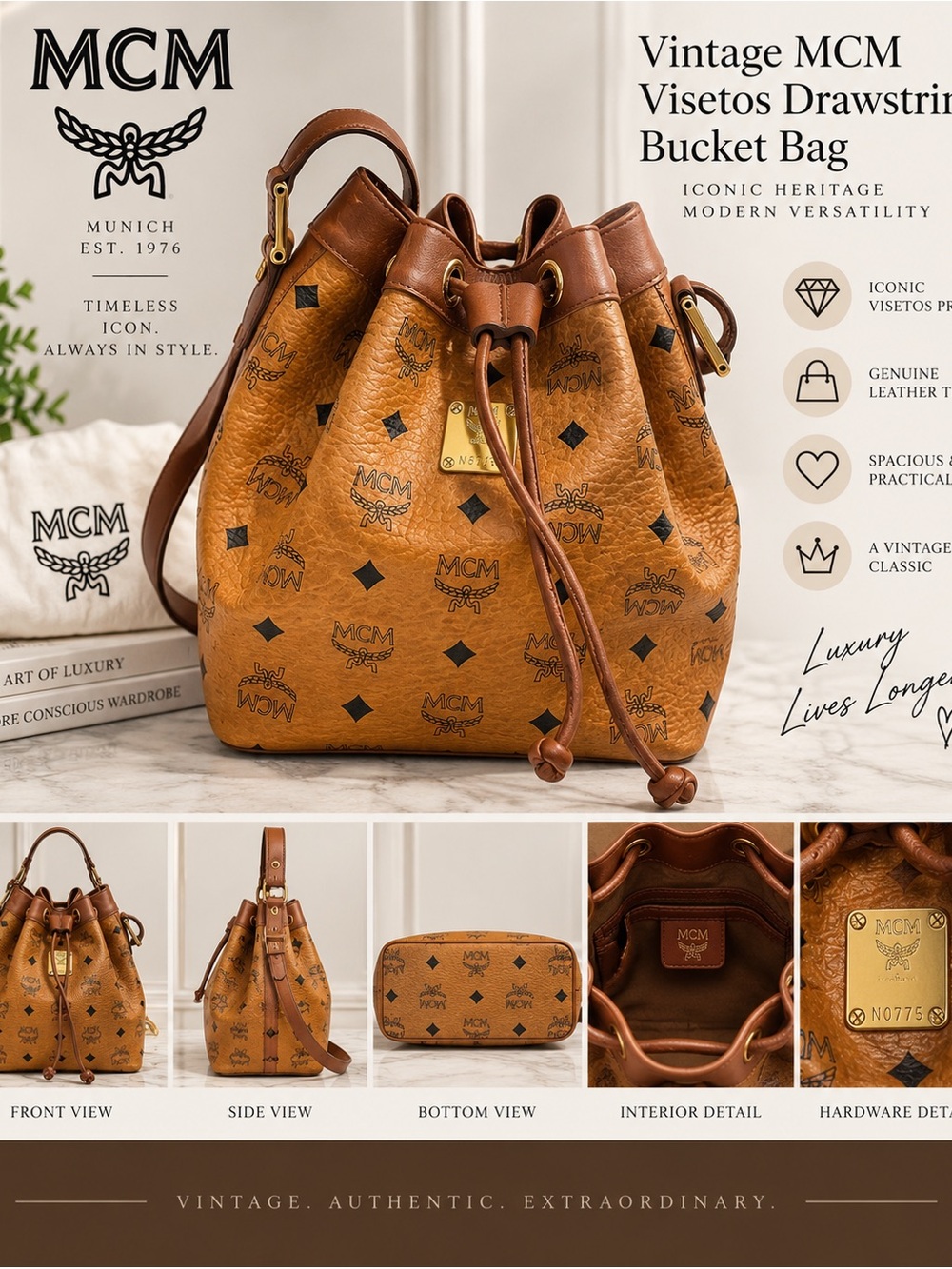 Vintage MCM Cognac Visetos Drawstring Bucket Bag w/ Dust Bag - Picture 2 of 11